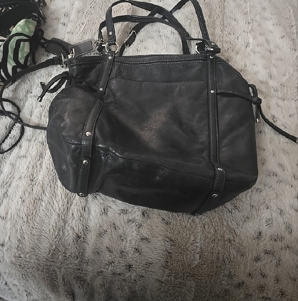 Black Coach Women's Leather Tote Bag with Perforated Detail - Picture 3 of 11